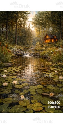 Tło fotograficzne „Leśny strumień z domkiem o zachodzie słońca” | 4089